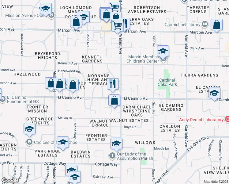 map of restaurants, bars, coffee shops, grocery stores, and more near in Carmichael