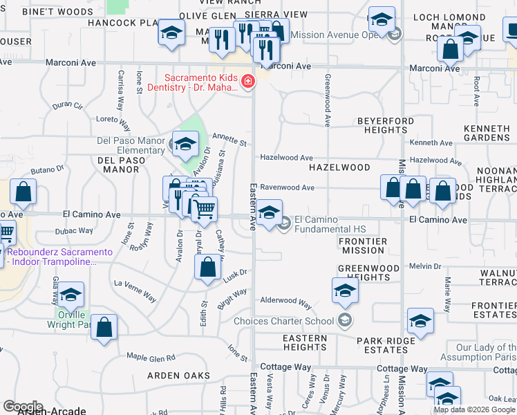 map of restaurants, bars, coffee shops, grocery stores, and more near 4309 El Camino Avenue in Sacramento