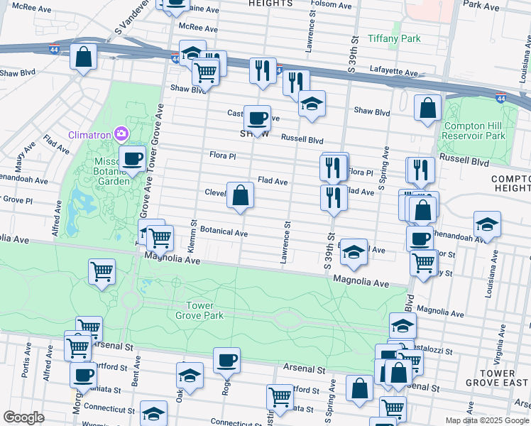 map of restaurants, bars, coffee shops, grocery stores, and more near 4045 Botanical Avenue in St. Louis