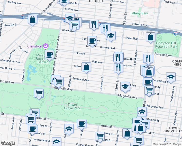 map of restaurants, bars, coffee shops, grocery stores, and more near 4045 Botanical Avenue in St. Louis