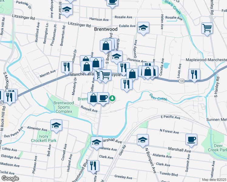 map of restaurants, bars, coffee shops, grocery stores, and more near 2904 Brazeau Avenue in Brentwood