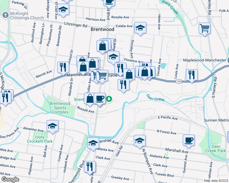 map of restaurants, bars, coffee shops, grocery stores, and more near 2904 Brazeau Avenue in Brentwood