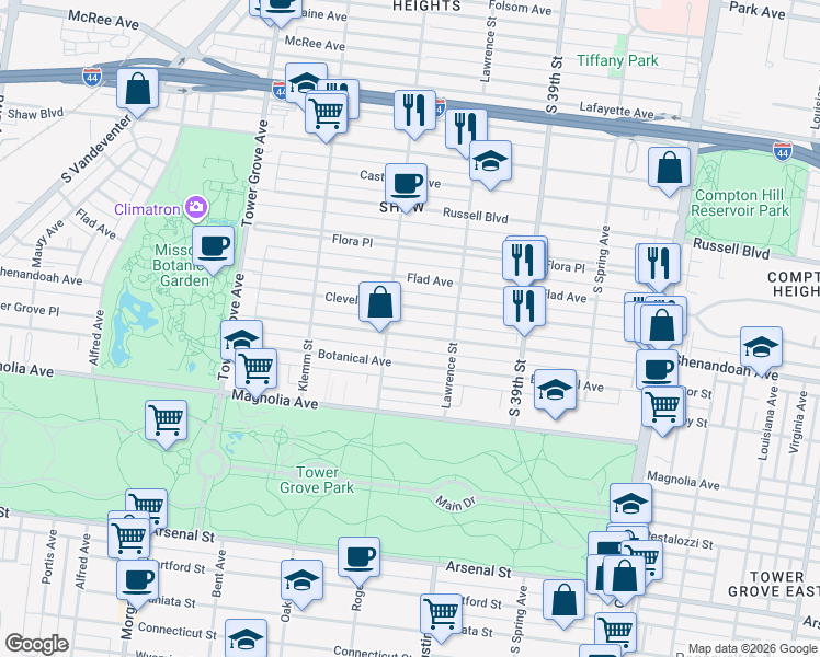 map of restaurants, bars, coffee shops, grocery stores, and more near 4047 Shenandoah Avenue in St. Louis