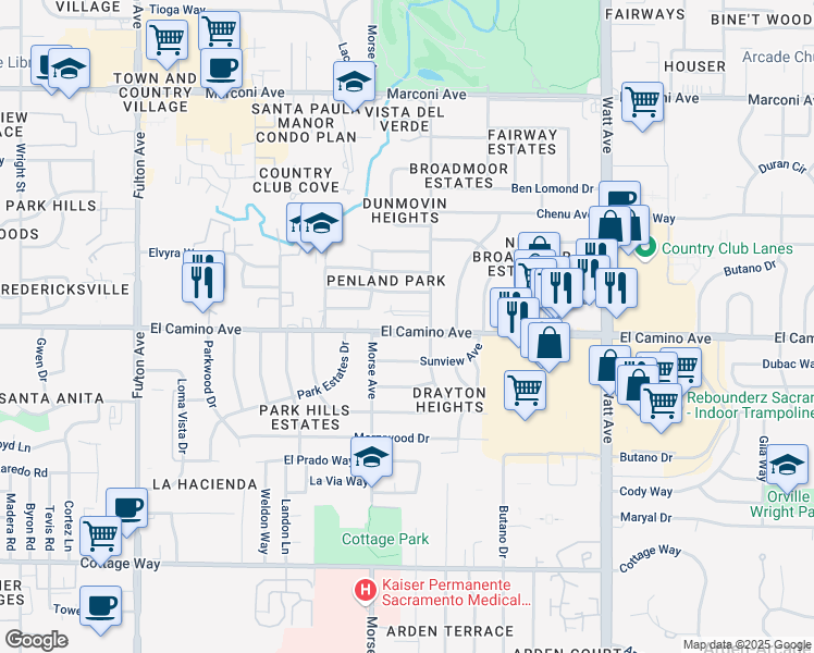 map of restaurants, bars, coffee shops, grocery stores, and more near 3151 El Camino Avenue in Sacramento