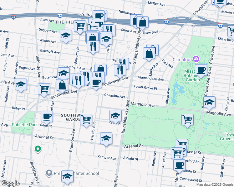 map of restaurants, bars, coffee shops, grocery stores, and more near 4951 Botanical Avenue in St. Louis