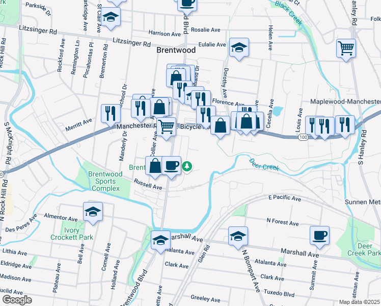 map of restaurants, bars, coffee shops, grocery stores, and more near 8740 Manchester Road in Brentwood