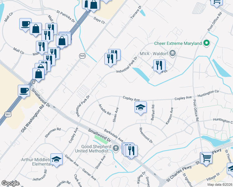 map of restaurants, bars, coffee shops, grocery stores, and more near 902 Copley Avenue in Waldorf