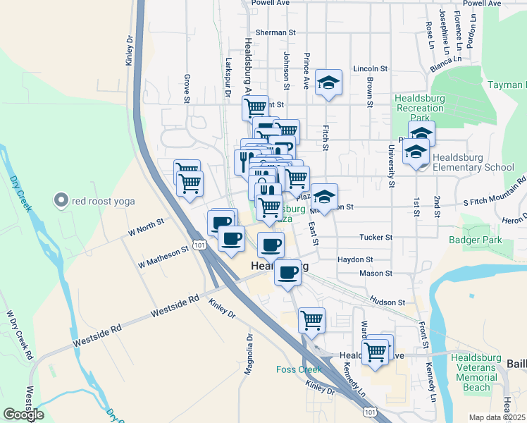 map of restaurants, bars, coffee shops, grocery stores, and more near 319 Healdsburg Avenue in Healdsburg