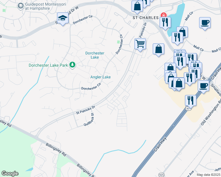 map of restaurants, bars, coffee shops, grocery stores, and more near 5612 Needlefish Court in Waldorf
