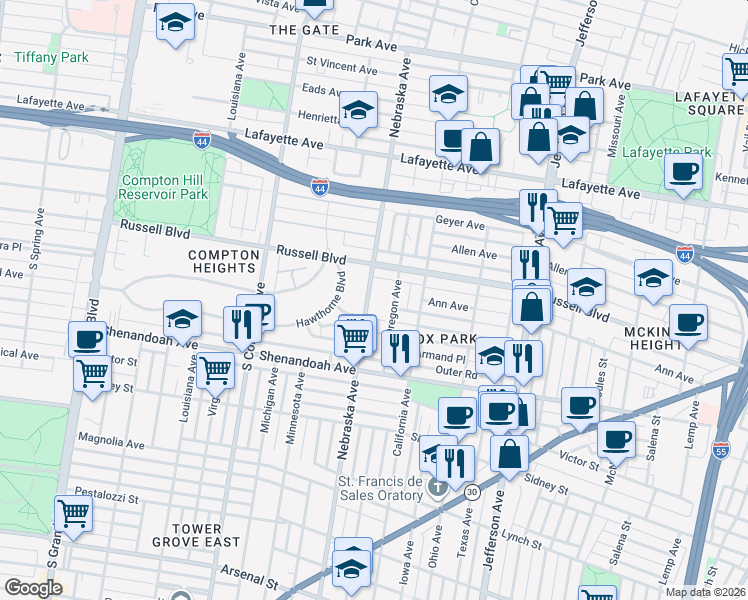map of restaurants, bars, coffee shops, grocery stores, and more near 2138 Nebraska Avenue in St. Louis