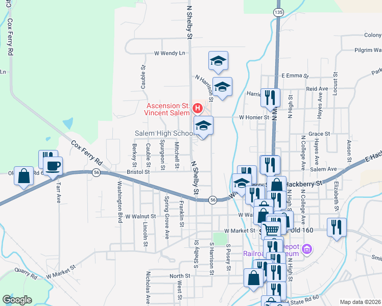 map of restaurants, bars, coffee shops, grocery stores, and more near 606 North Shelby Street in Salem