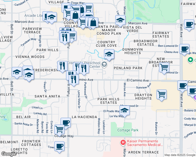map of restaurants, bars, coffee shops, grocery stores, and more near 2842 Sweet Way in Sacramento
