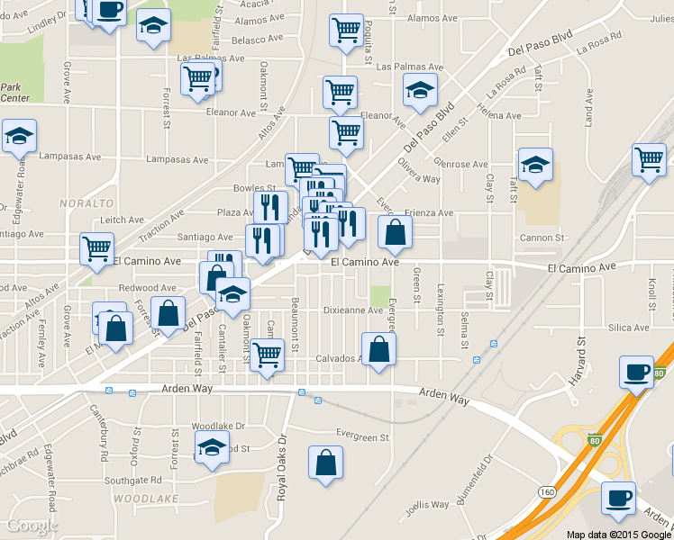 map of restaurants, bars, coffee shops, grocery stores, and more near 901 El Camino Avenue in Sacramento