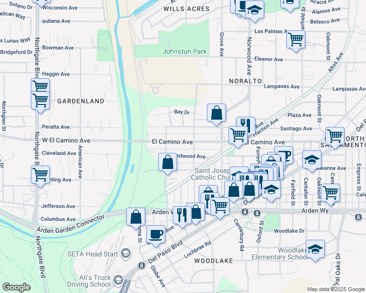 map of restaurants, bars, coffee shops, grocery stores, and more near 179 West El Camino Avenue in Sacramento