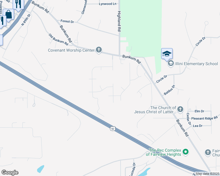 map of restaurants, bars, coffee shops, grocery stores, and more near 9200 Rivindale Court in Fairview Heights