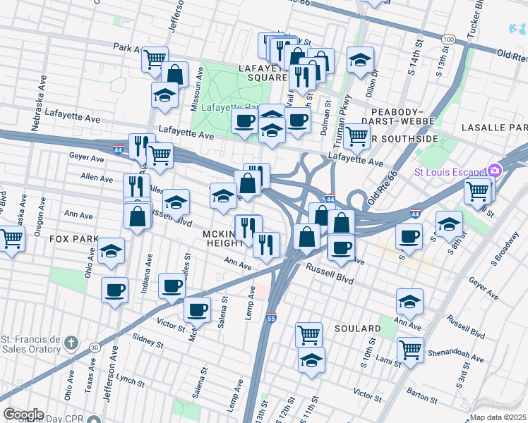 map of restaurants, bars, coffee shops, grocery stores, and more near 1780 Mississippi Avenue in St. Louis