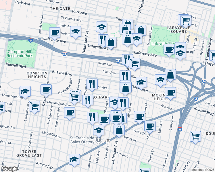 map of restaurants, bars, coffee shops, grocery stores, and more near 2726 Russell Boulevard in St. Louis