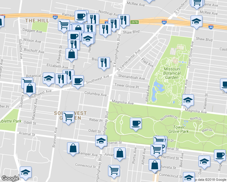 map of restaurants, bars, coffee shops, grocery stores, and more near 4643 Tower Grove Place in St. Louis