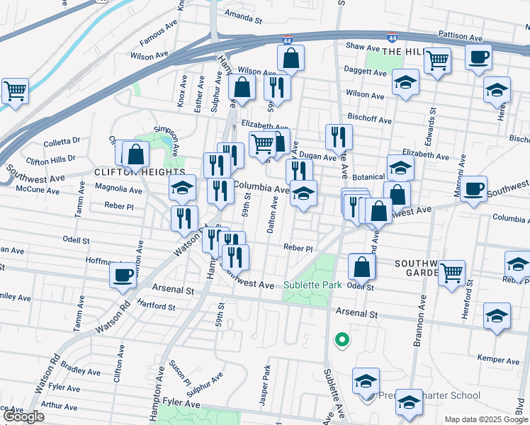 map of restaurants, bars, coffee shops, grocery stores, and more near 2615 Dalton Avenue in St. Louis