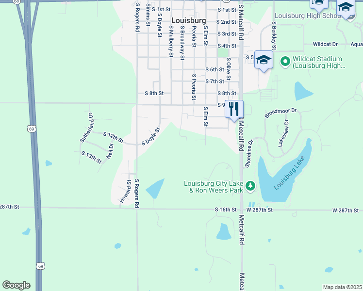 map of restaurants, bars, coffee shops, grocery stores, and more near 1200 South Broadway Street in Louisburg