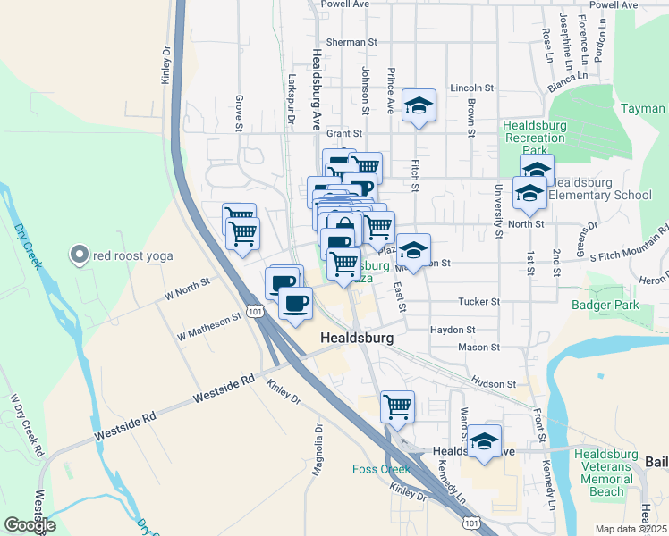 map of restaurants, bars, coffee shops, grocery stores, and more near 377 Healdsburg Avenue in Healdsburg