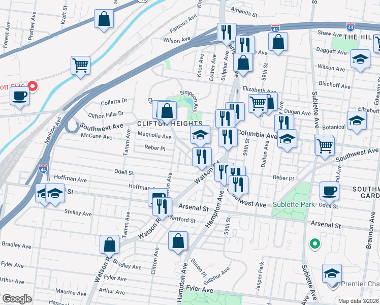 map of restaurants, bars, coffee shops, grocery stores, and more near 6115 Southwest Avenue in St. Louis
