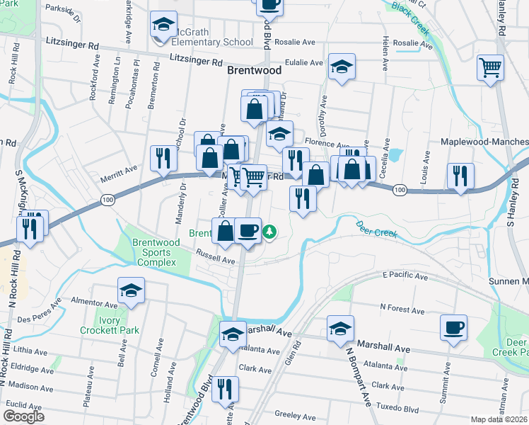 map of restaurants, bars, coffee shops, grocery stores, and more near 8740 Manchester Road in Brentwood