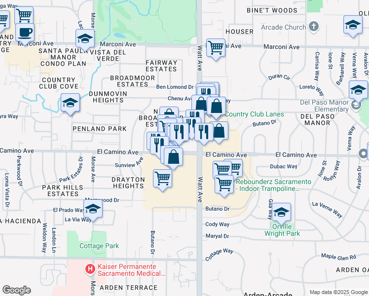 map of restaurants, bars, coffee shops, grocery stores, and more near 3428 Balmoral Drive in Sacramento