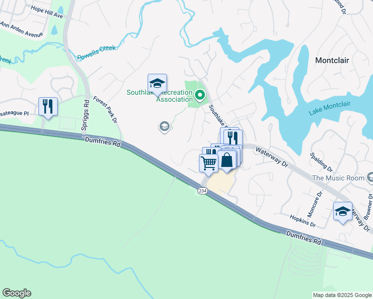 map of restaurants, bars, coffee shops, grocery stores, and more near 5134 Olivia Way in Dumfries