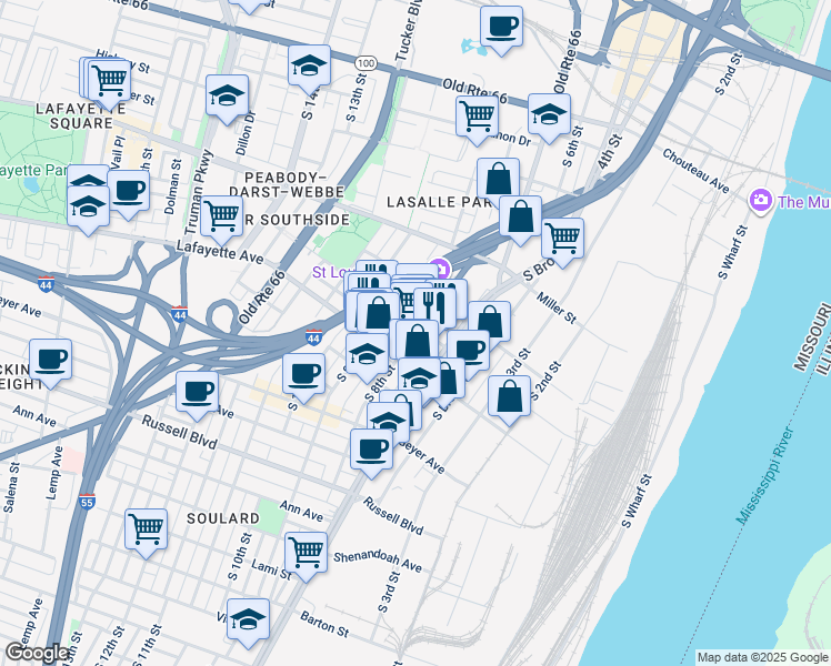 map of restaurants, bars, coffee shops, grocery stores, and more near 730 Carroll Street in St. Louis