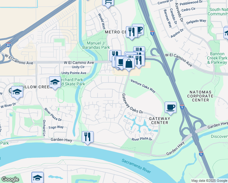 map of restaurants, bars, coffee shops, grocery stores, and more near 2524 Burnaby Way in Sacramento