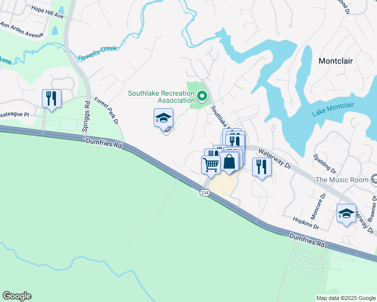 map of restaurants, bars, coffee shops, grocery stores, and more near 5134 Olivia Way in Dumfries