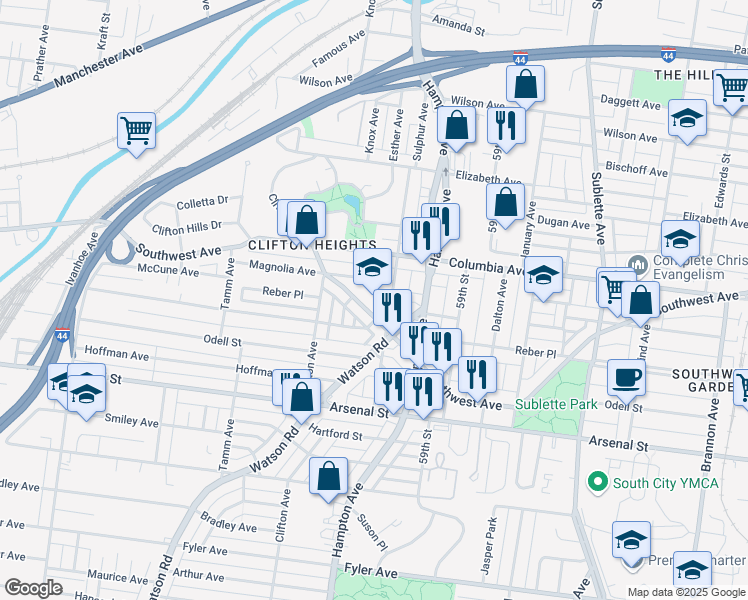 map of restaurants, bars, coffee shops, grocery stores, and more near 6031 Southwest Avenue in St. Louis