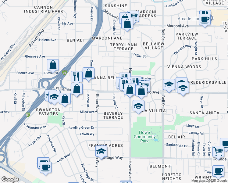map of restaurants, bars, coffee shops, grocery stores, and more near El Camino Ave & Darwin St in Sacramento