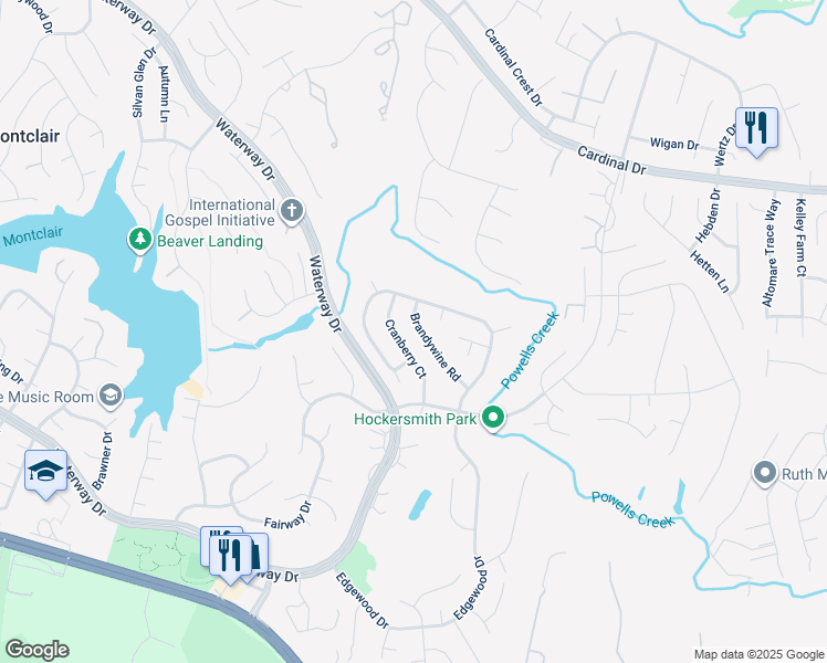 map of restaurants, bars, coffee shops, grocery stores, and more near 15708 Brandywine Road in Montclair