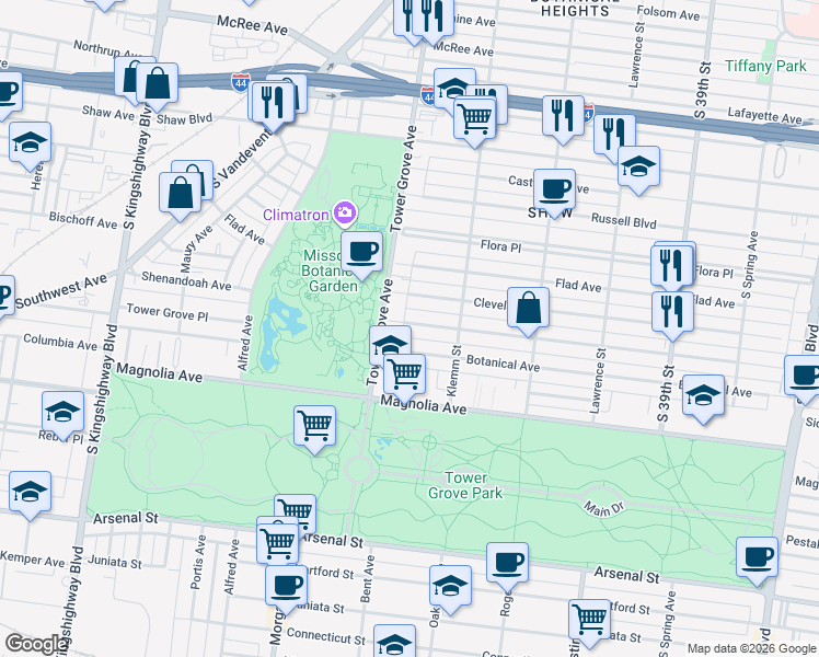 map of restaurants, bars, coffee shops, grocery stores, and more near 4252 Shenandoah Avenue in St. Louis