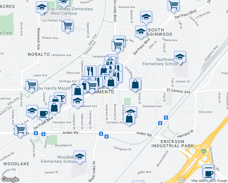 map of restaurants, bars, coffee shops, grocery stores, and more near 894 El Camino Avenue in Sacramento