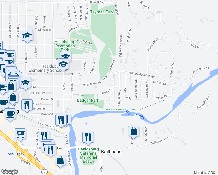 map of restaurants, bars, coffee shops, grocery stores, and more near 319 Heron Court in Healdsburg