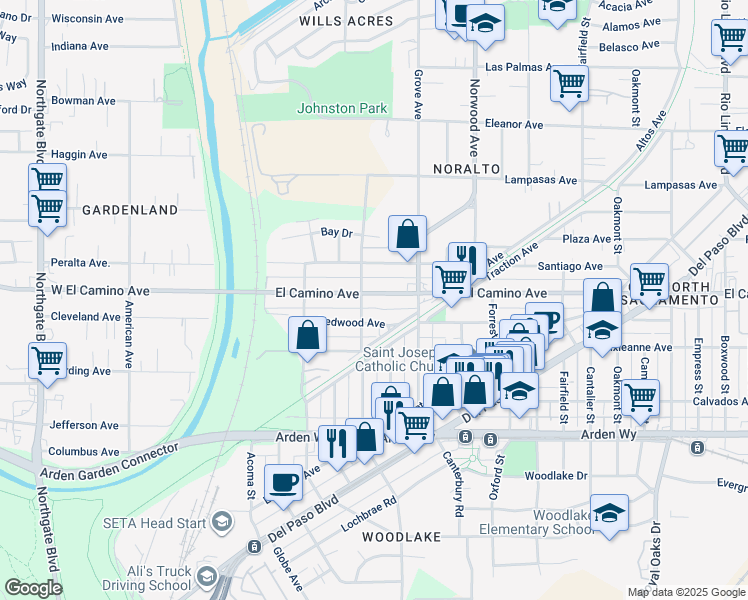 map of restaurants, bars, coffee shops, grocery stores, and more near 233 El Camino Avenue in Sacramento