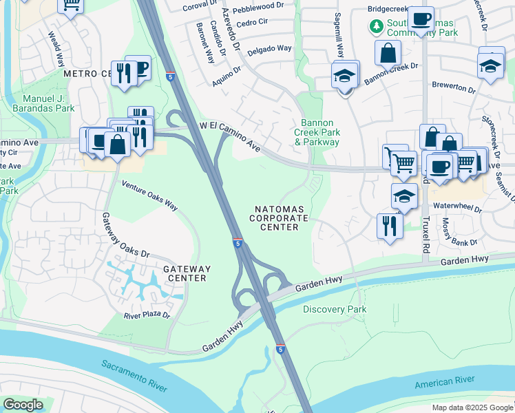 map of restaurants, bars, coffee shops, grocery stores, and more near 2545 Natomas Park Dr in Sacramento