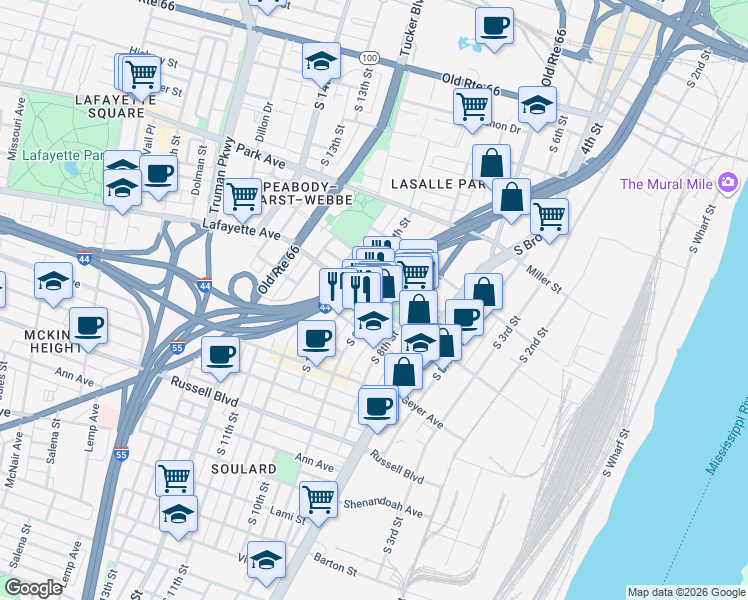 map of restaurants, bars, coffee shops, grocery stores, and more near 1611 South 9th Street in St. Louis