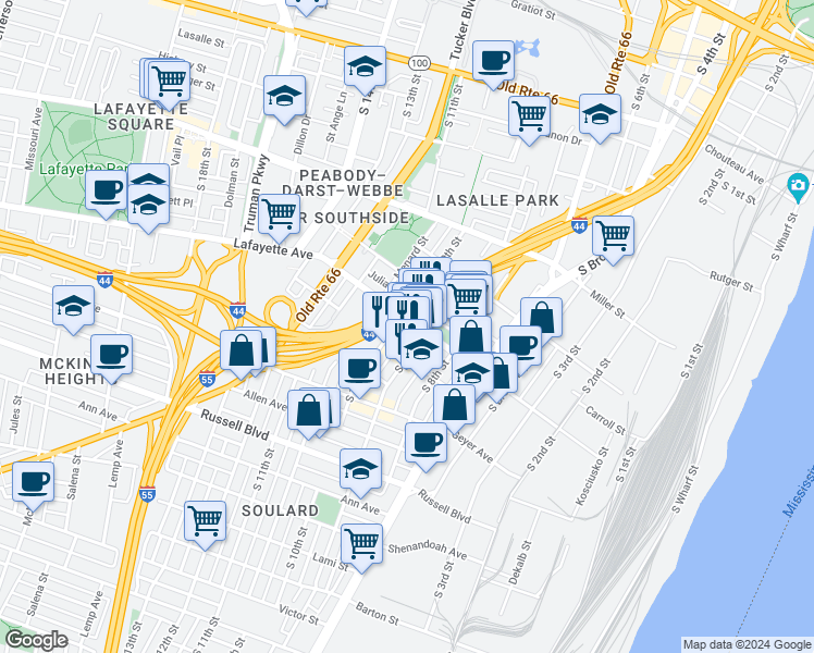 map of restaurants, bars, coffee shops, grocery stores, and more near 1017 Lafayette Avenue in St. Louis