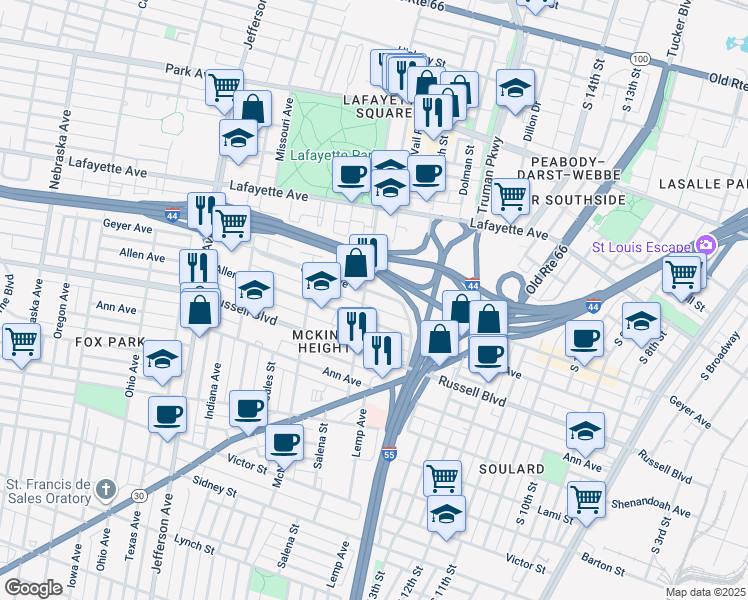 map of restaurants, bars, coffee shops, grocery stores, and more near 1780 Mississippi Avenue in St. Louis
