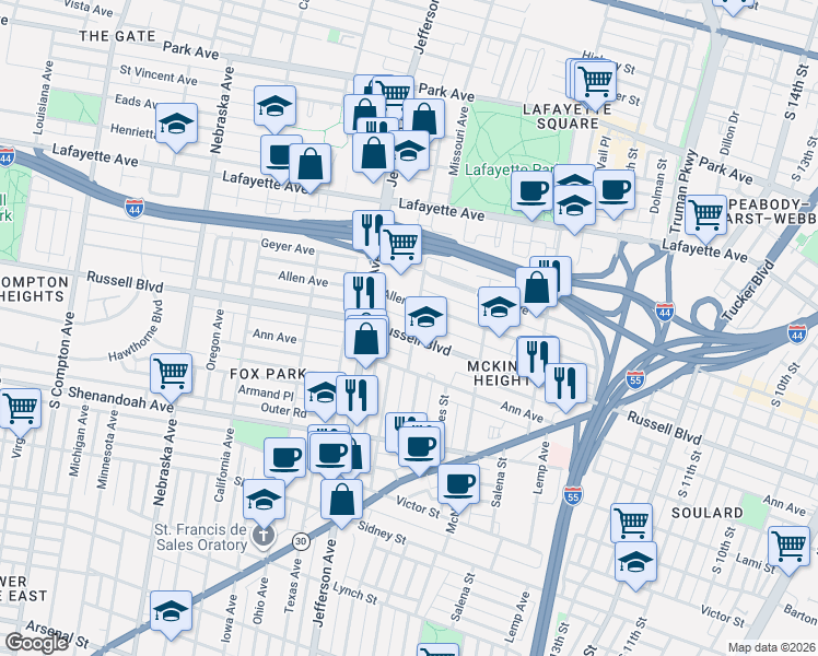 map of restaurants, bars, coffee shops, grocery stores, and more near 2316 Allen Avenue in St. Louis