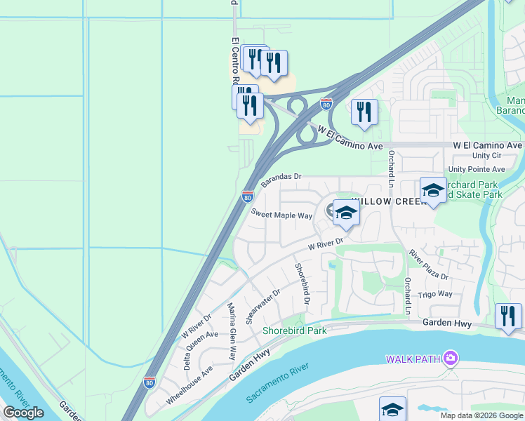 map of restaurants, bars, coffee shops, grocery stores, and more near 34 Blue Fern Court in Sacramento