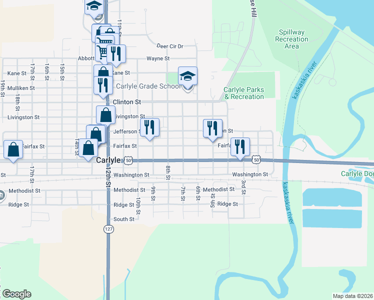map of restaurants, bars, coffee shops, grocery stores, and more near 631 Fairfax Street in Carlyle