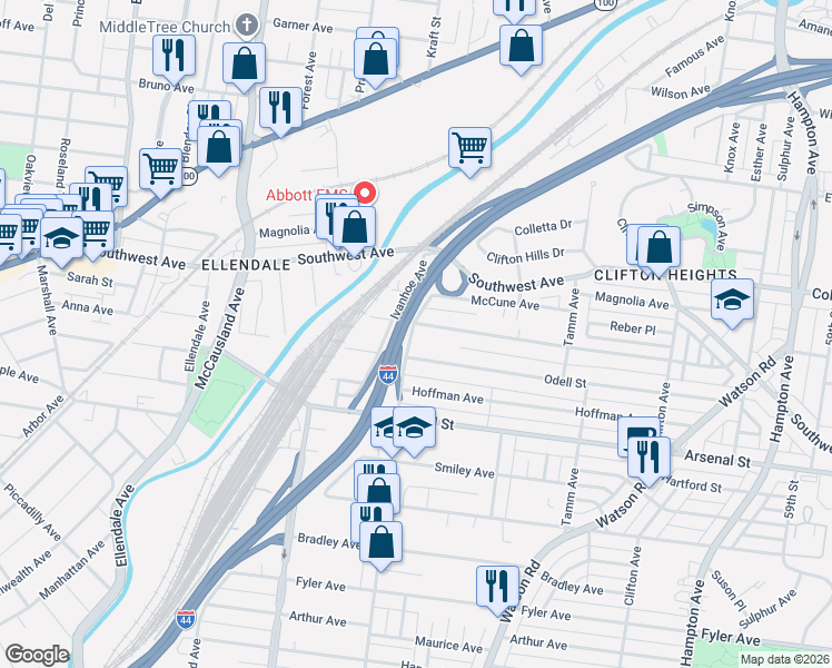 map of restaurants, bars, coffee shops, grocery stores, and more near 2803 Ivanhoe Avenue in St. Louis