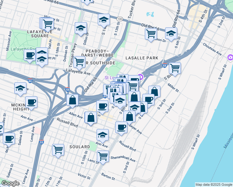map of restaurants, bars, coffee shops, grocery stores, and more near 1017 Lafayette Avenue in St. Louis