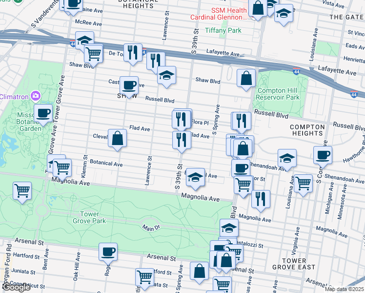 map of restaurants, bars, coffee shops, grocery stores, and more near South 39th Street & Cleveland Avenue in Saint Louis