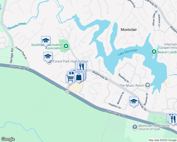 map of restaurants, bars, coffee shops, grocery stores, and more near 5050 Waterway Drive in Montclair